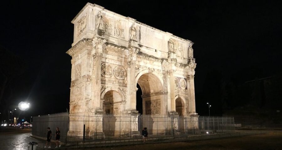 Rome: Wonders of Ancient Rome at Dusk - Arch of Constantine, then back in time under moonlight